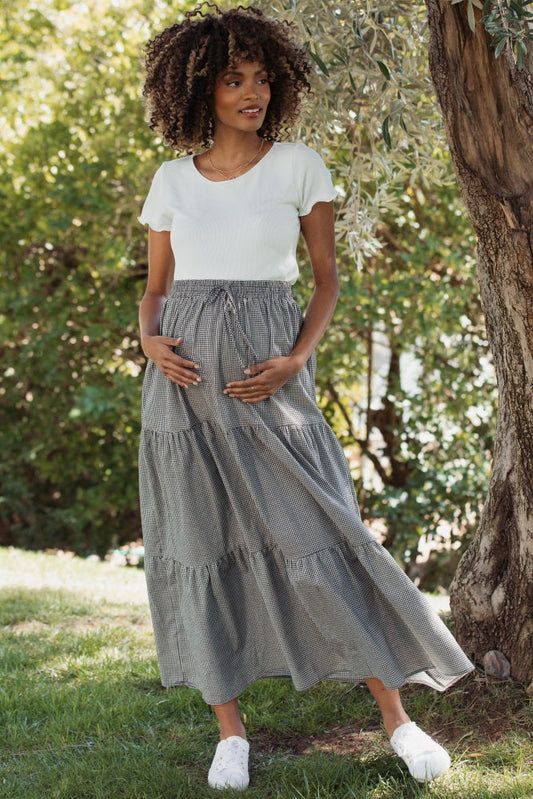 Black Gingham Tiered Maternity Maxi Skirt
