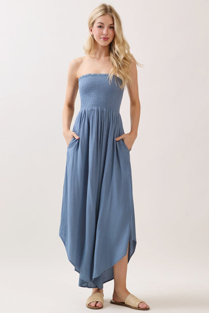 Blue Smocked Strapless Tulip Leg Maternity Jumpsuit