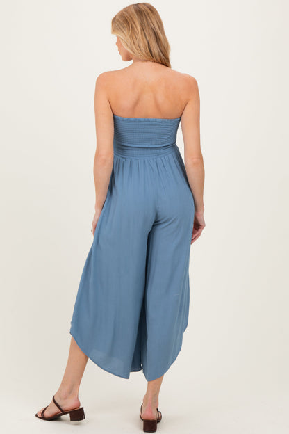 Blue Smocked Strapless Tulip Leg Maternity Jumpsuit