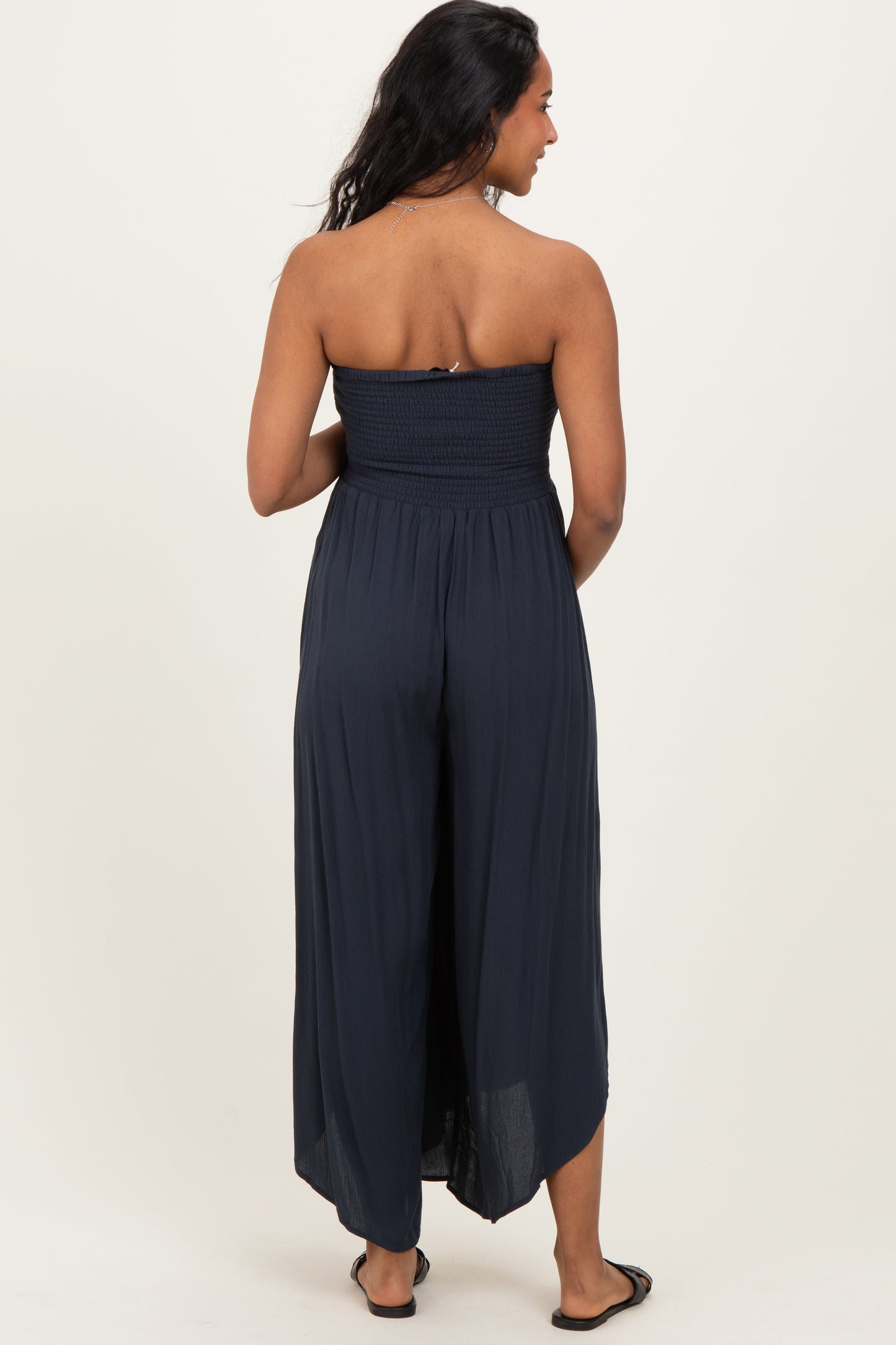 Navy Smocked Strapless Tulip Leg Maternity Jumpsuit