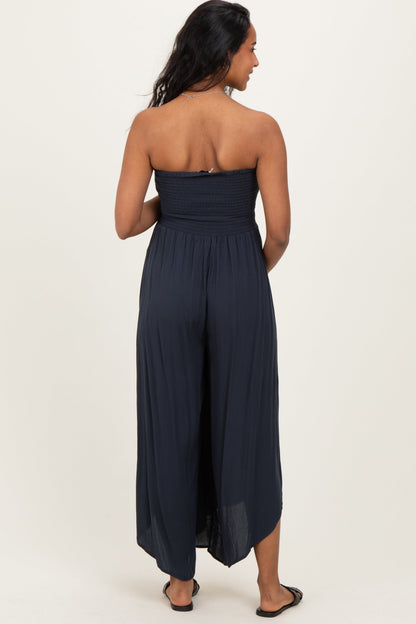 Navy Smocked Strapless Tulip Leg Maternity Jumpsuit