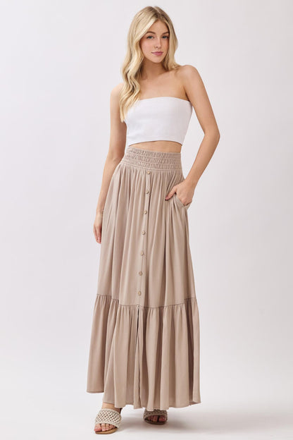 Sand Smocked Waist Button Detail Maternity Maxi Skirt