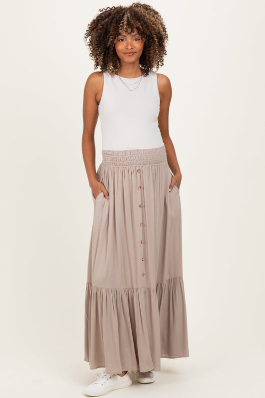 Sand Smocked Waist Button Detail Maternity Maxi Skirt