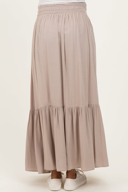 Sand Smocked Waist Button Detail Maternity Maxi Skirt