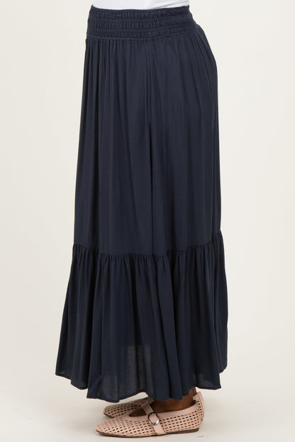 Navy Smocked Waist Button Detail Maternity Maxi Skirt
