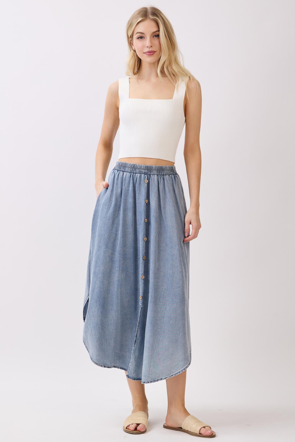 Blue Chambray Tulip Hem Maternity Midi Skirt