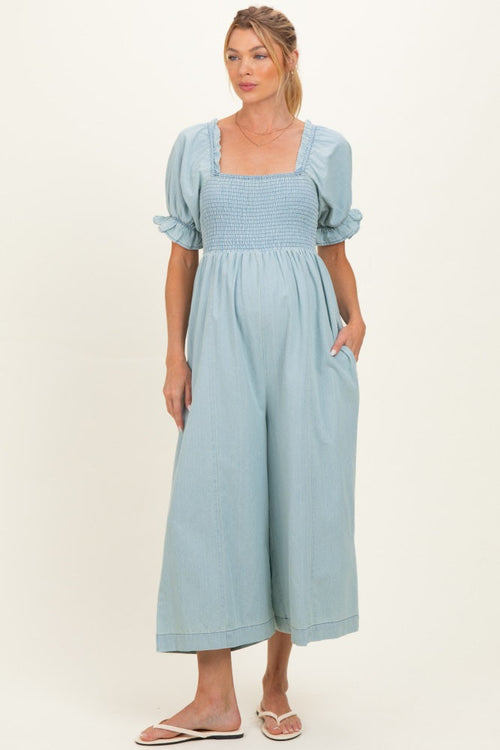 Light Blue Chambray Puff Sleeve Wide Leg Maternity Jumpsuit