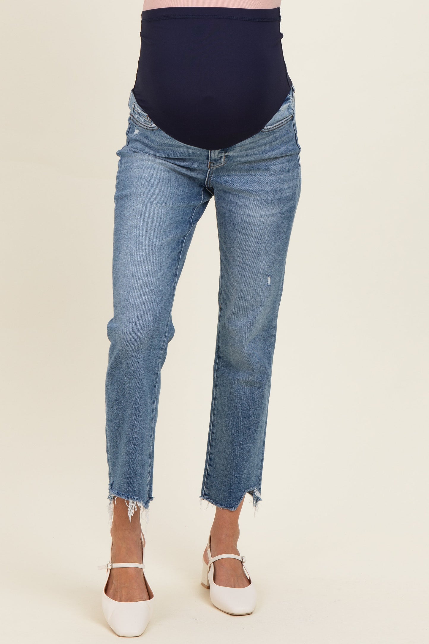 Blue Cropped Frayed Hem Slim Straight Maternity Jeans