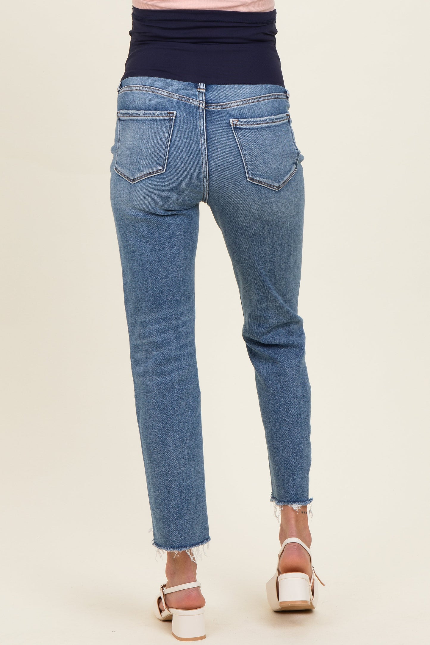 Blue Cropped Frayed Hem Slim Straight Maternity Jeans