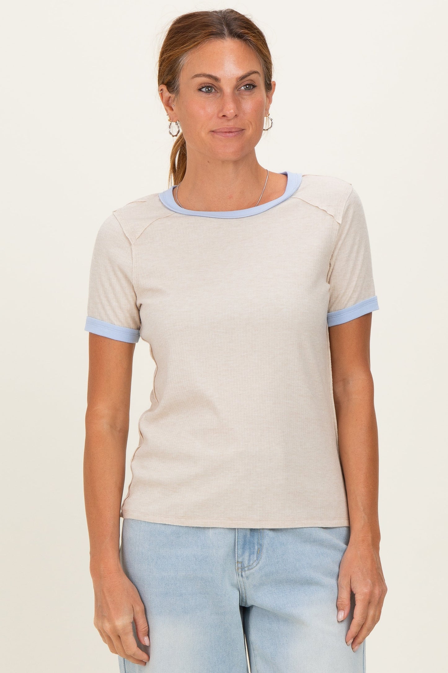 Oatmeal Colorblock Trim Maternity Short Sleeve Tee