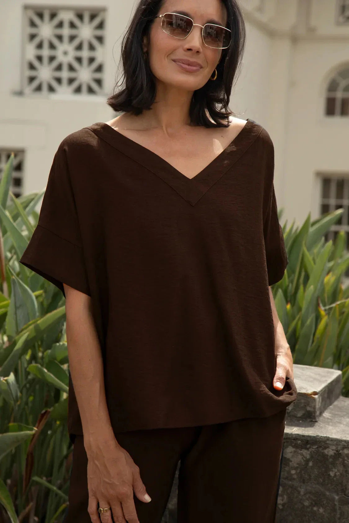 Gemma Short Sleeve V Neck Top Chocolate Brown