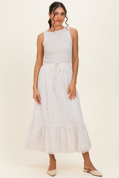 Ivory Print Lace Trim Maternity Midi Skirt