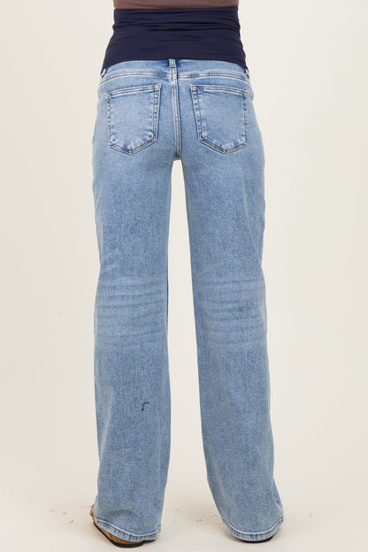 Blue Lightly Distressed Maternity Wide Leg Jeans