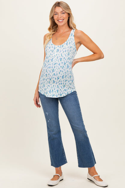 Blue Floral Print Button Front Maternity Tank Top