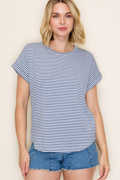 Denim Blue Striped Short Sleeve Maternity Top