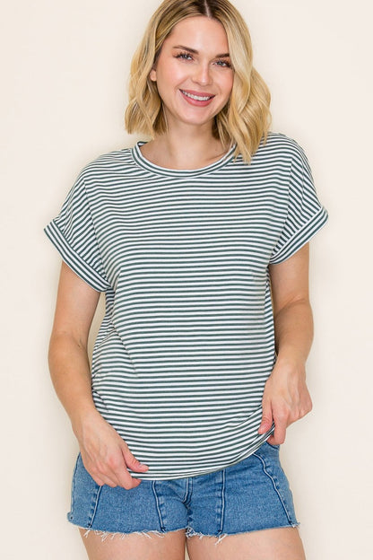 Green Striped Short Sleeve Maternity Top
