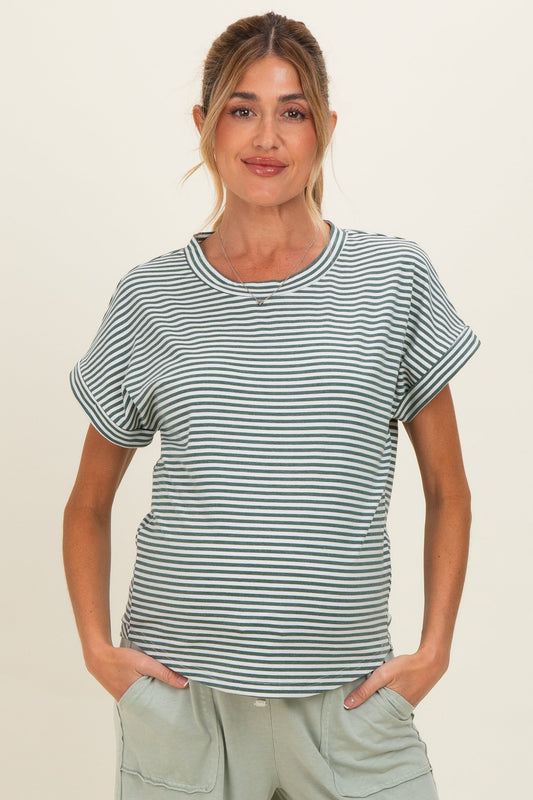 Green Striped Short Sleeve Maternity Top
