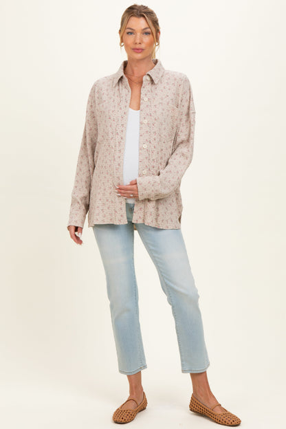 Oatmeal Floral Textured Knit Maternity Shirt Jacket
