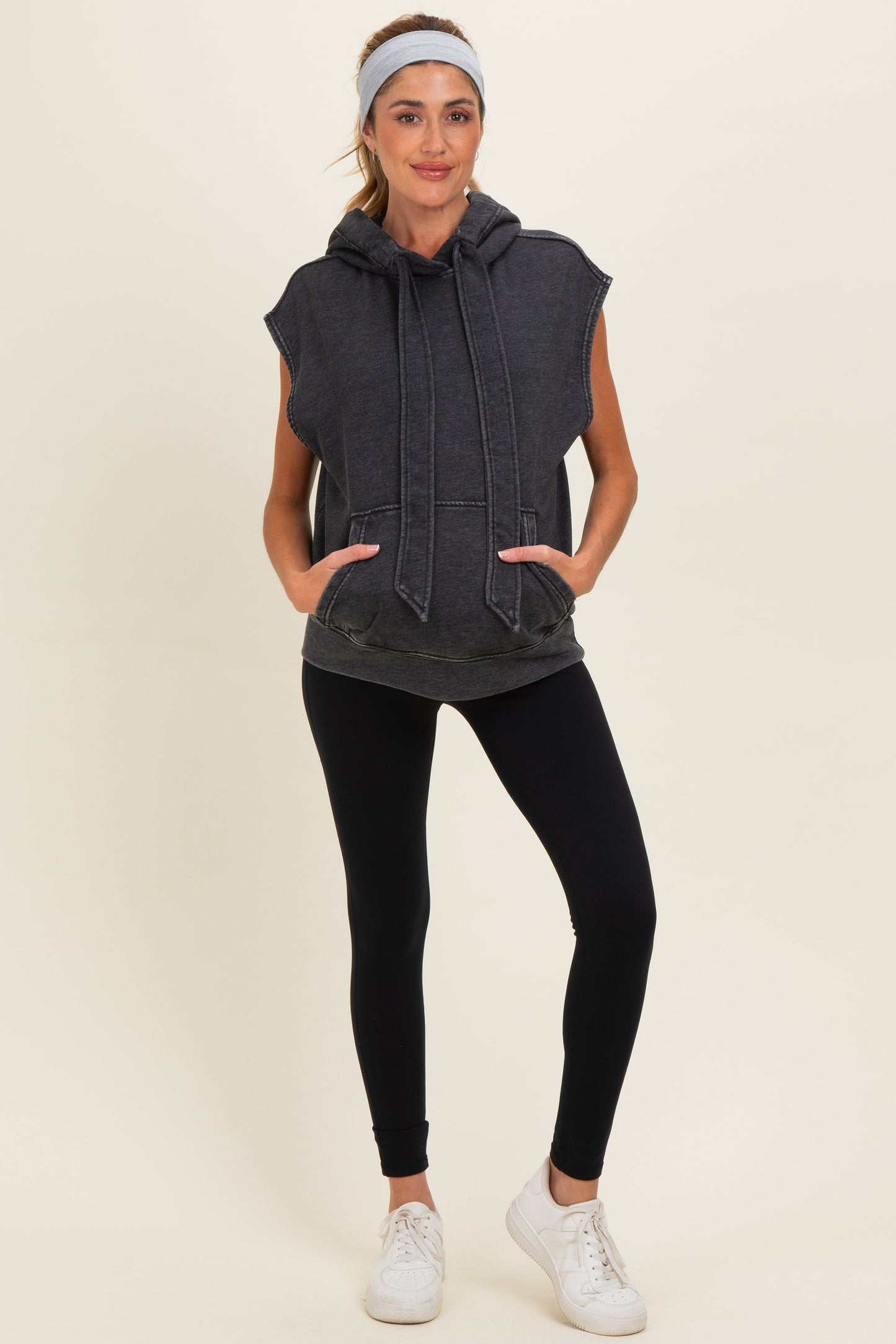 Black Mineral Wash Sleeveless Maternity Hoodie