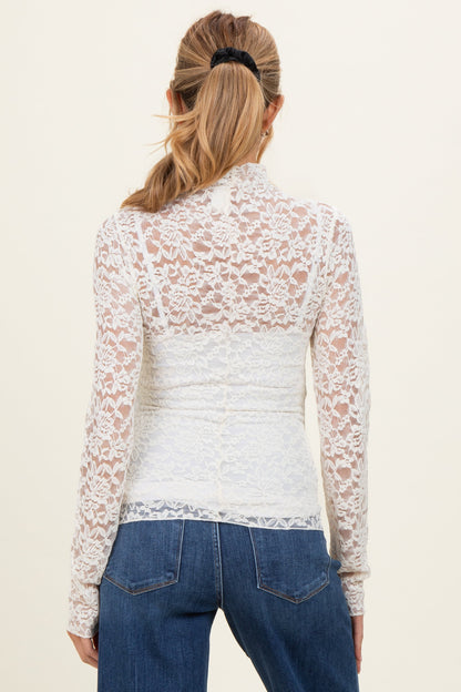 Ivory High Neck Fitted Sheer Lace Maternity Top