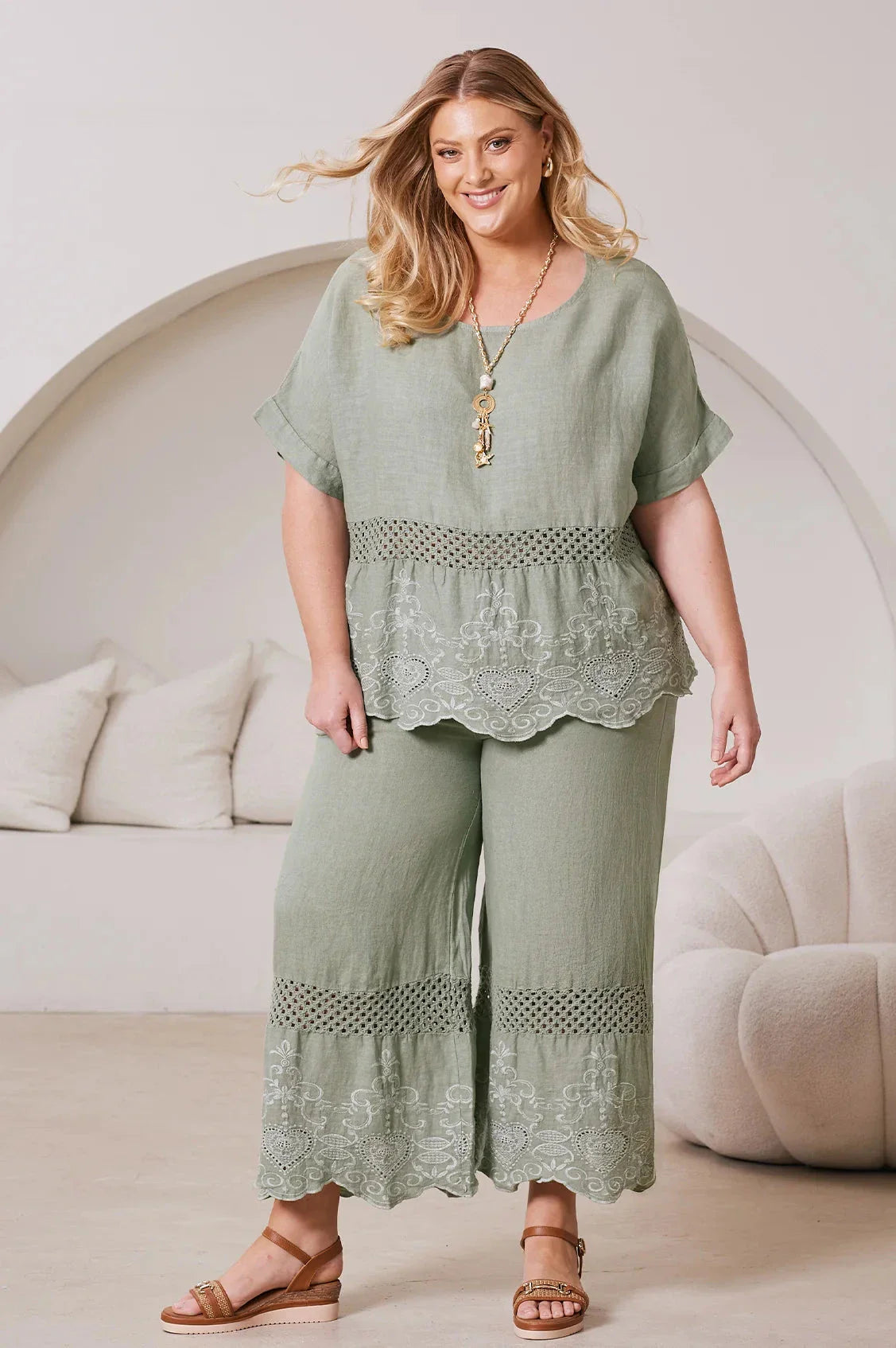 Milania Wide Leg Linen Crochet Pants in Mint