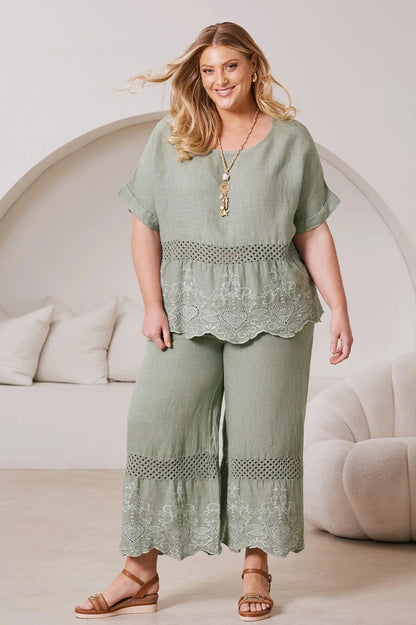 Milania Wide Leg Linen Crochet Pants in Mint
