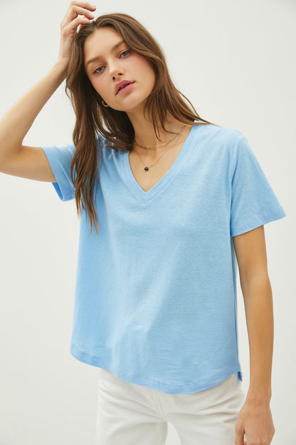 Sky Linen Blend V-Neck Short Sleeve Maternity T-Shirt