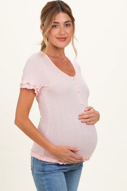 Light Pink Ruffle Trim Pointelle Knit Maternity Henley Top