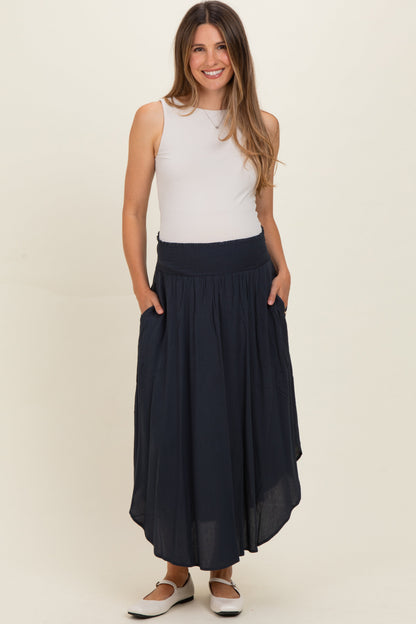 Midnight Smocked Waist Rounded Hem Maternity Skirt