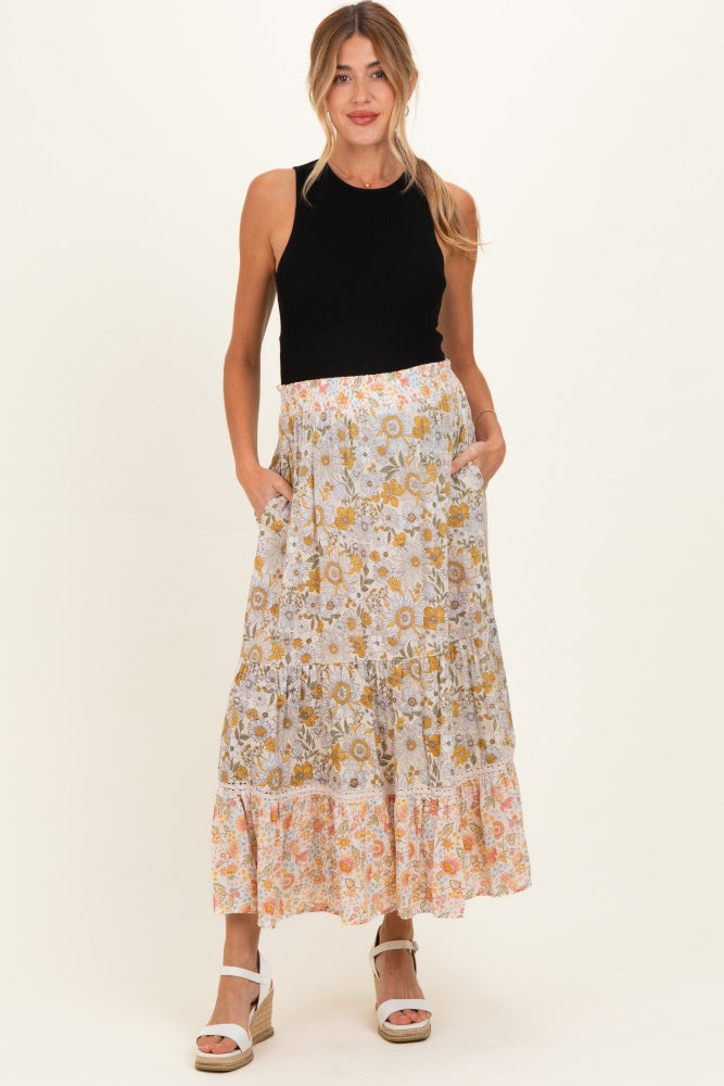 Lemon Mixed Floral Smocked Waist Maternity Maxi Skirt