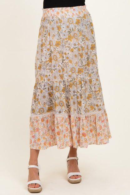 Lemon Mixed Floral Smocked Waist Maternity Maxi Skirt