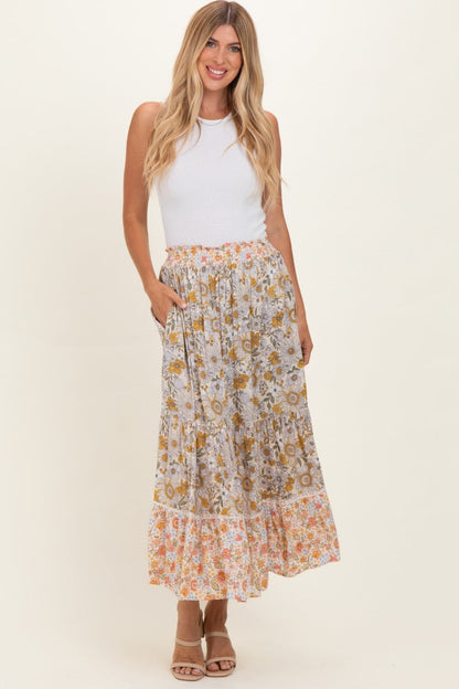 Lemon Mixed Floral Smocked Waist Maternity Maxi Skirt