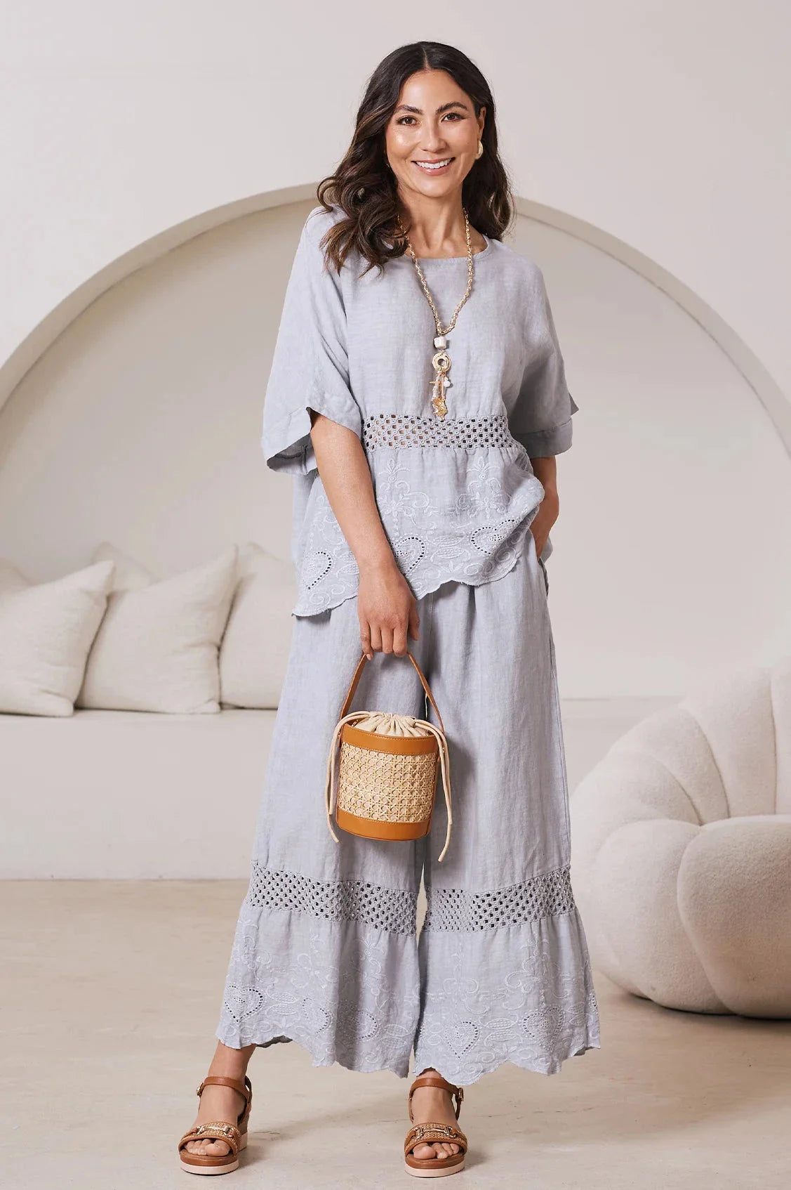 Milania Wide Leg Linen Crochet Pants in Light Grey