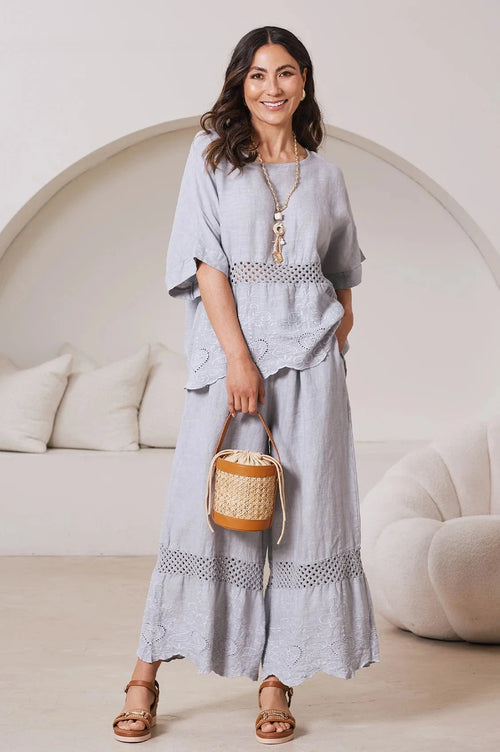 Milania Wide Leg Linen Crochet Pants in Light Grey