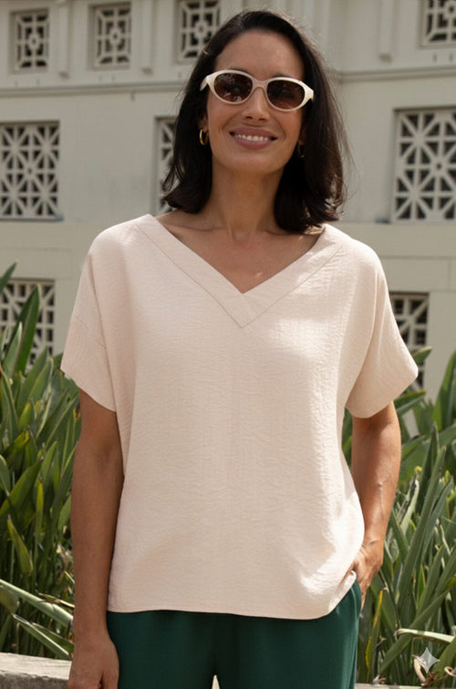 Gemma Short Sleeve V Neck Top Cream