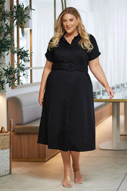 Celia Short Sleeve Midi Dress in Black