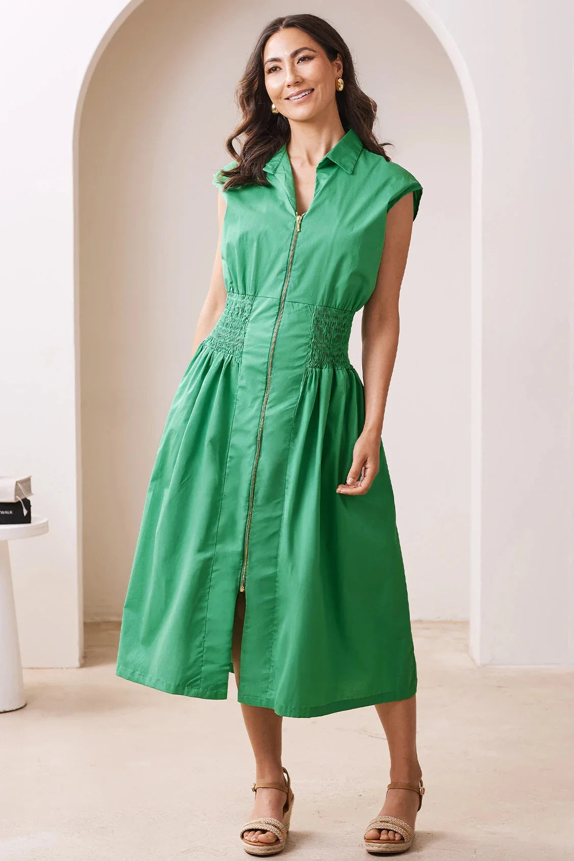 Laura Sleeveless Smocked Waist Zip Front Midi Dress Emerald