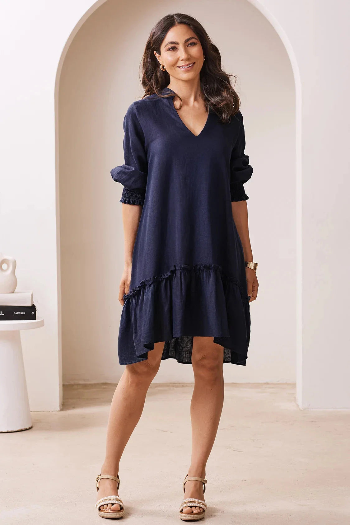 Lauren Mid Sleeve Tiered Midi Dress Navy