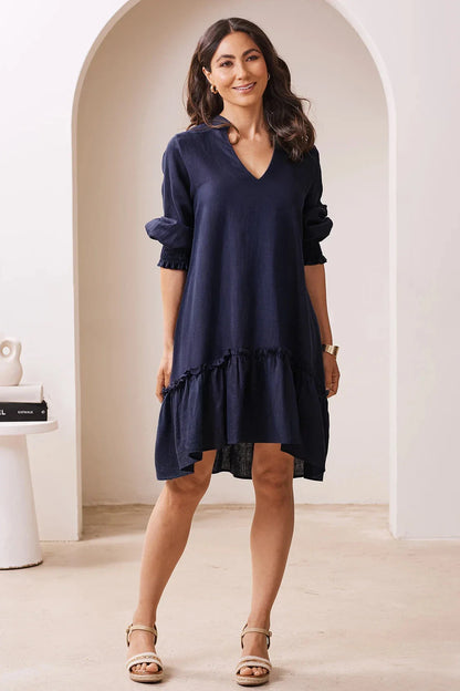 Lauren Mid Sleeve Tiered Midi Dress Navy