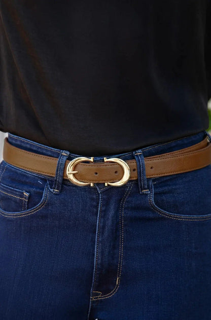 Ivy Skinny Double Buckle Belt Tan Soft Leather