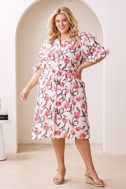 Floral Print Linen Midi Dress Mid-Sleeve Collared – Cristina