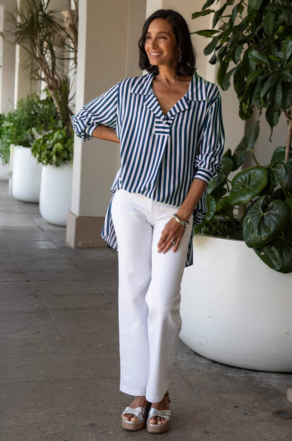 Monaco Striped Dress Shirt Navy and White