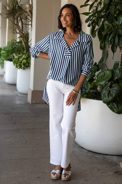 Monaco Striped Dress Shirt Navy and White