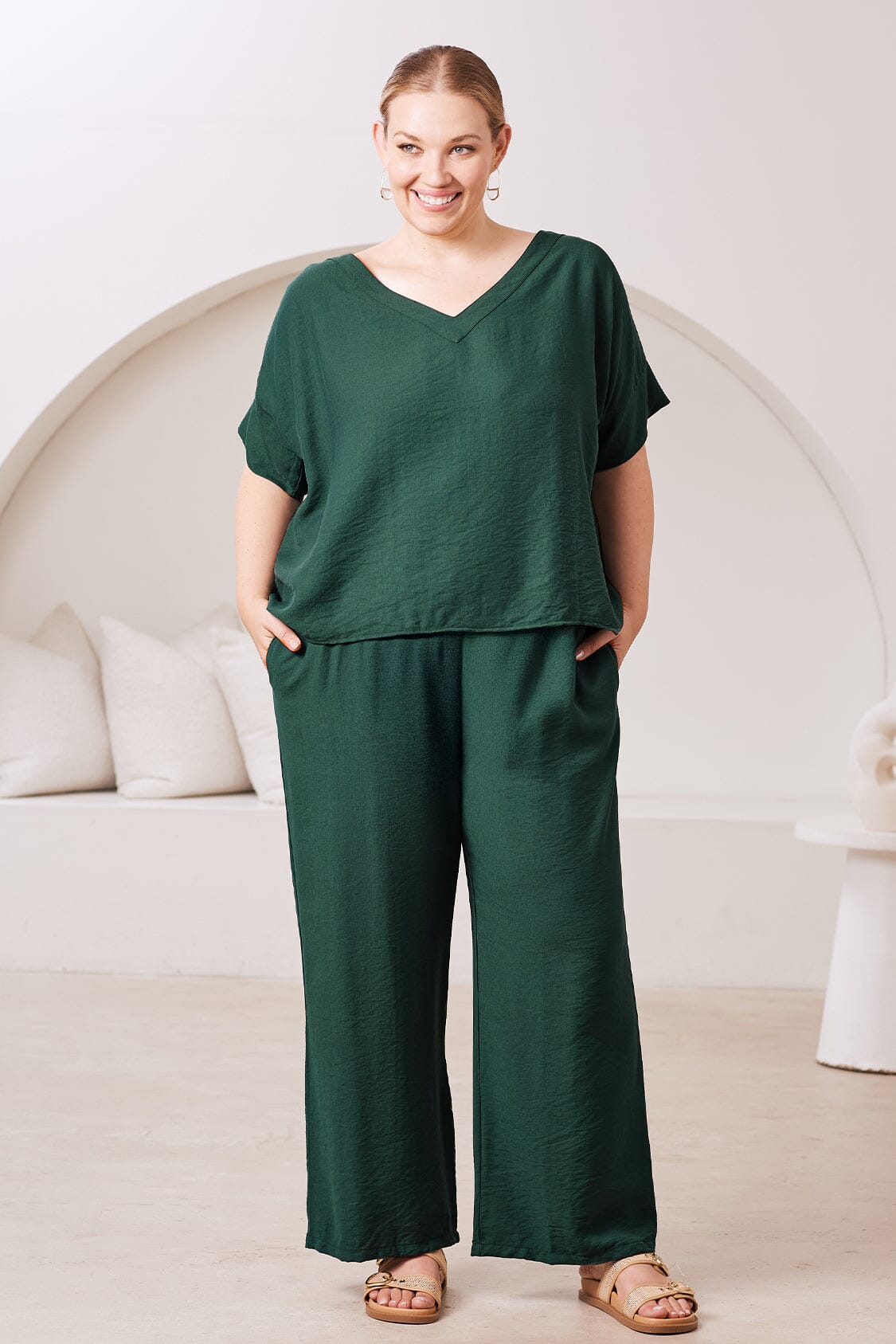 Gemma Straight Leg Tie Waist Pants Forest Green