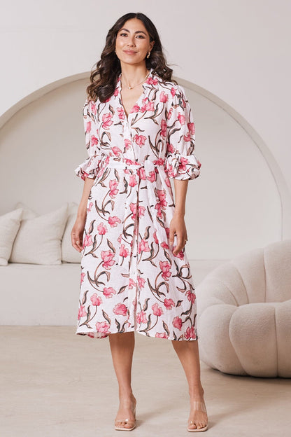 Floral Print Linen Midi Dress Mid-Sleeve Collared – Cristina