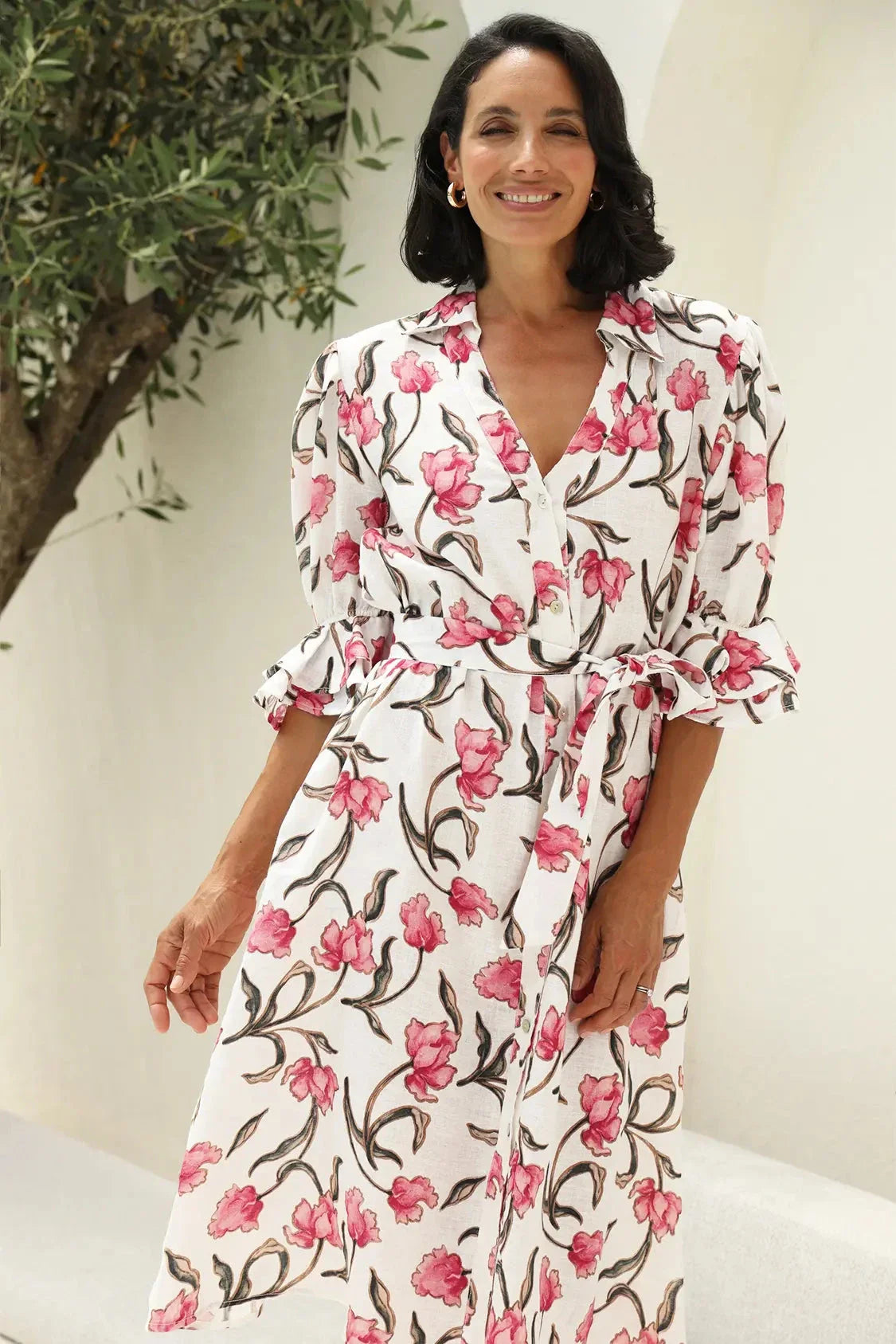 Floral Print Linen Midi Dress Mid-Sleeve Collared – Cristina