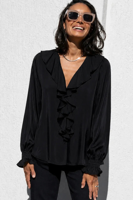 Alyssa Ruffle V-Neck Long Sleeve Top Black