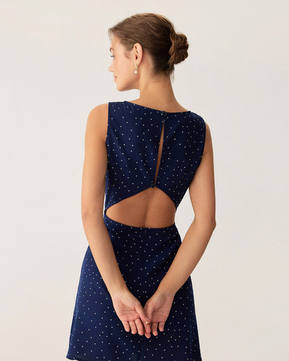Blue Polka Dot Sleeveless Cut Out Mini Dress