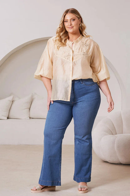 Aria Embroidered 3/4 Sleeve Top Butter Yellow
