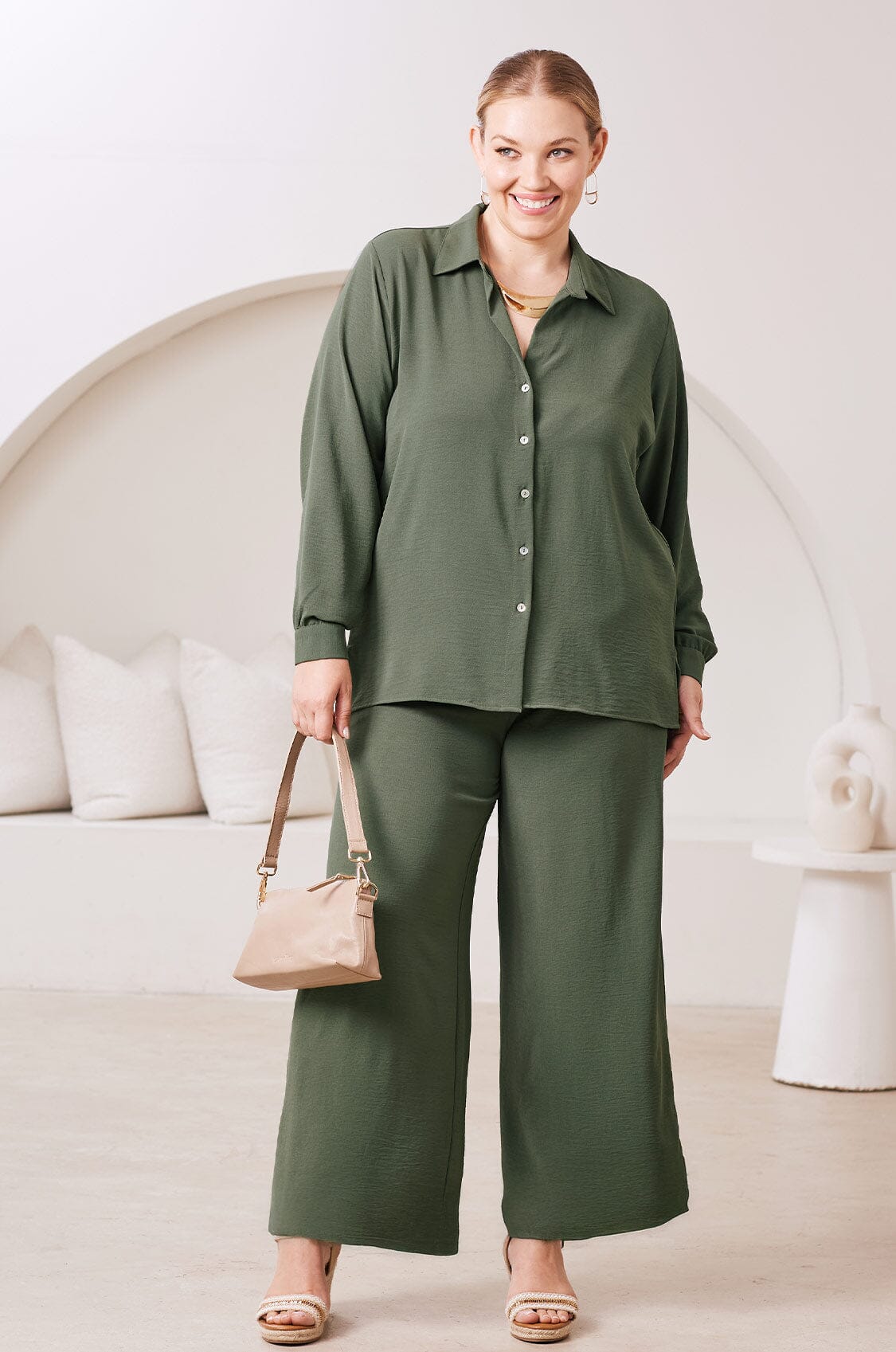 Paola Long Sleeve Collared Top Olive - Pre Order
